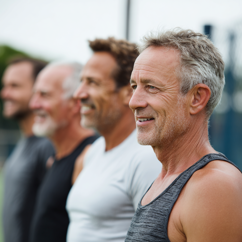 Group of middle-aged men engaged in fitness training outdoors