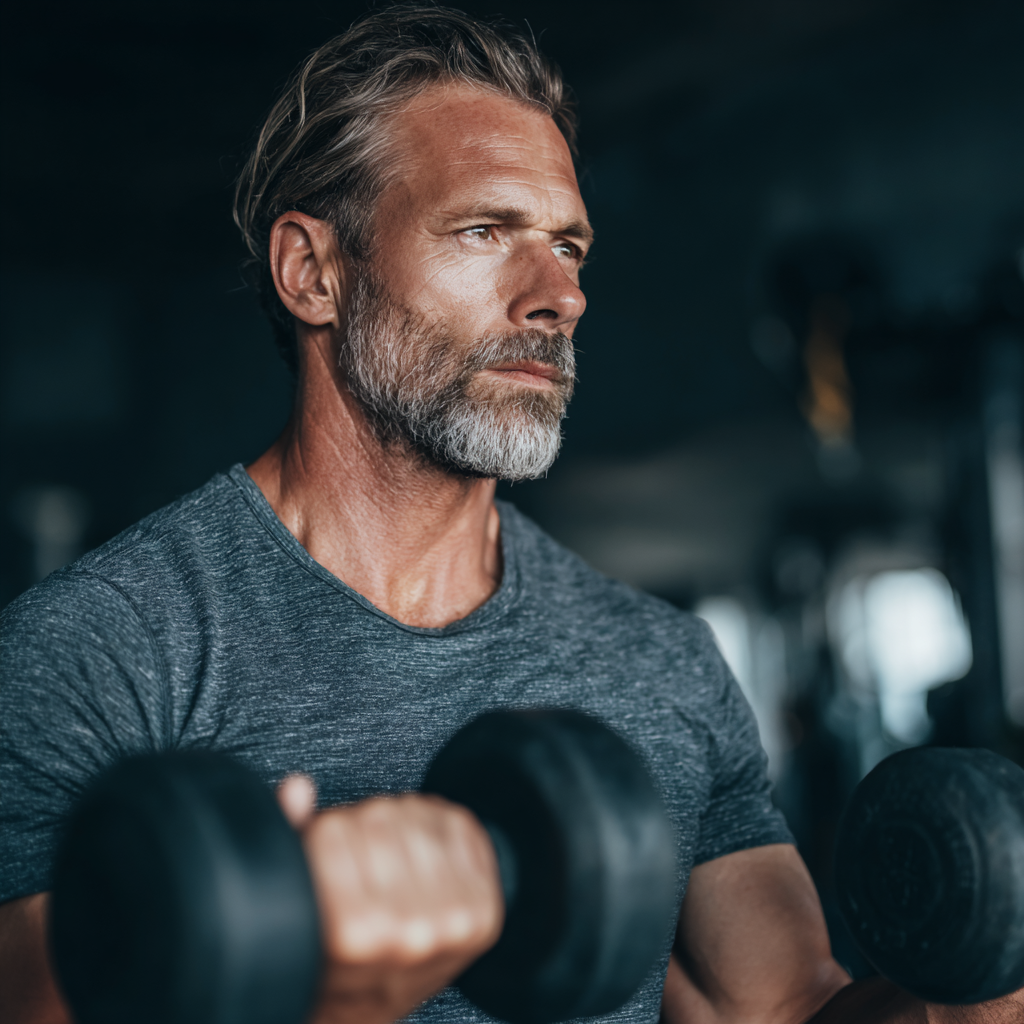 Middle-aged man doing strength training with focus and determination